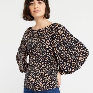 Ann Taylor Navy/ tan leopard print poly stretch top. Batwing sleeve L